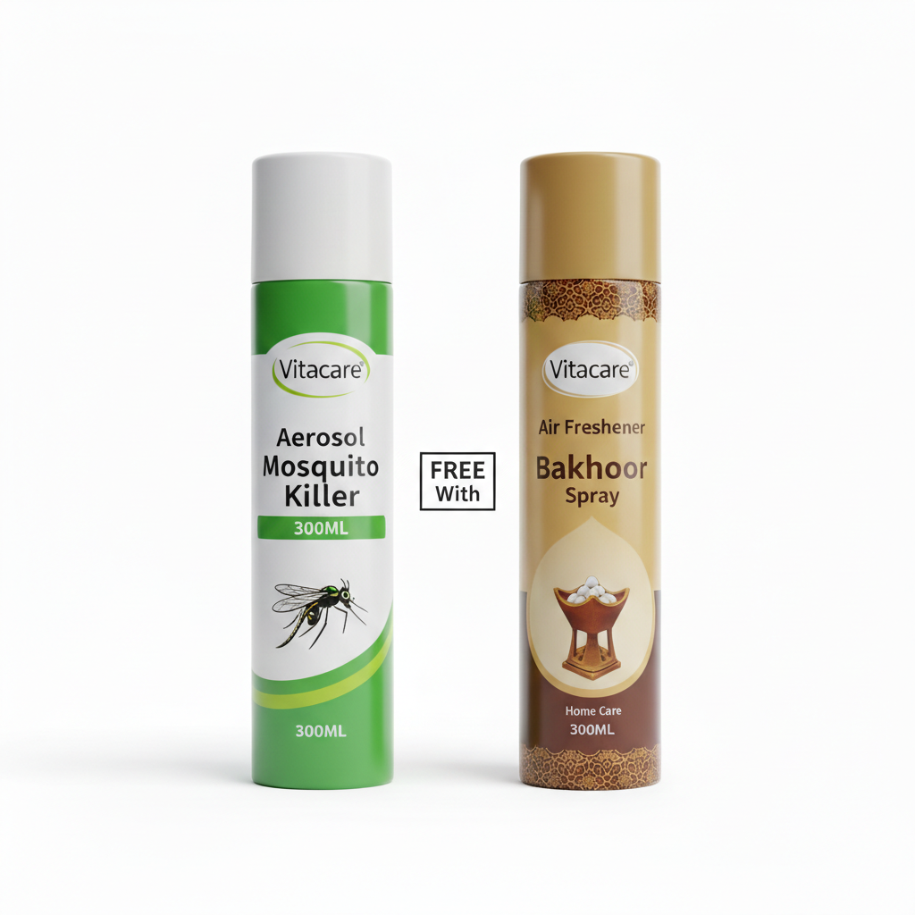 enh_norm_82c77031-9c00-4d4c-bfac-1f66d40853c6.png Vitacare Aerosol Mosquito Killer 300ML Free With Vitacare Air Freshener Bakhoor Spray 300ML - Image 1